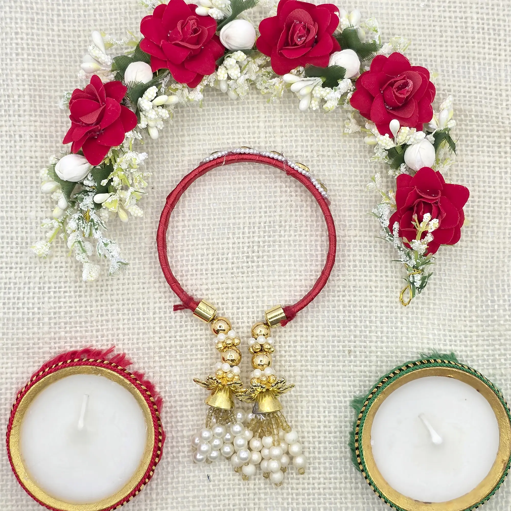 Traditional Red Thread Rakhi with Pearl and Gold Tassels