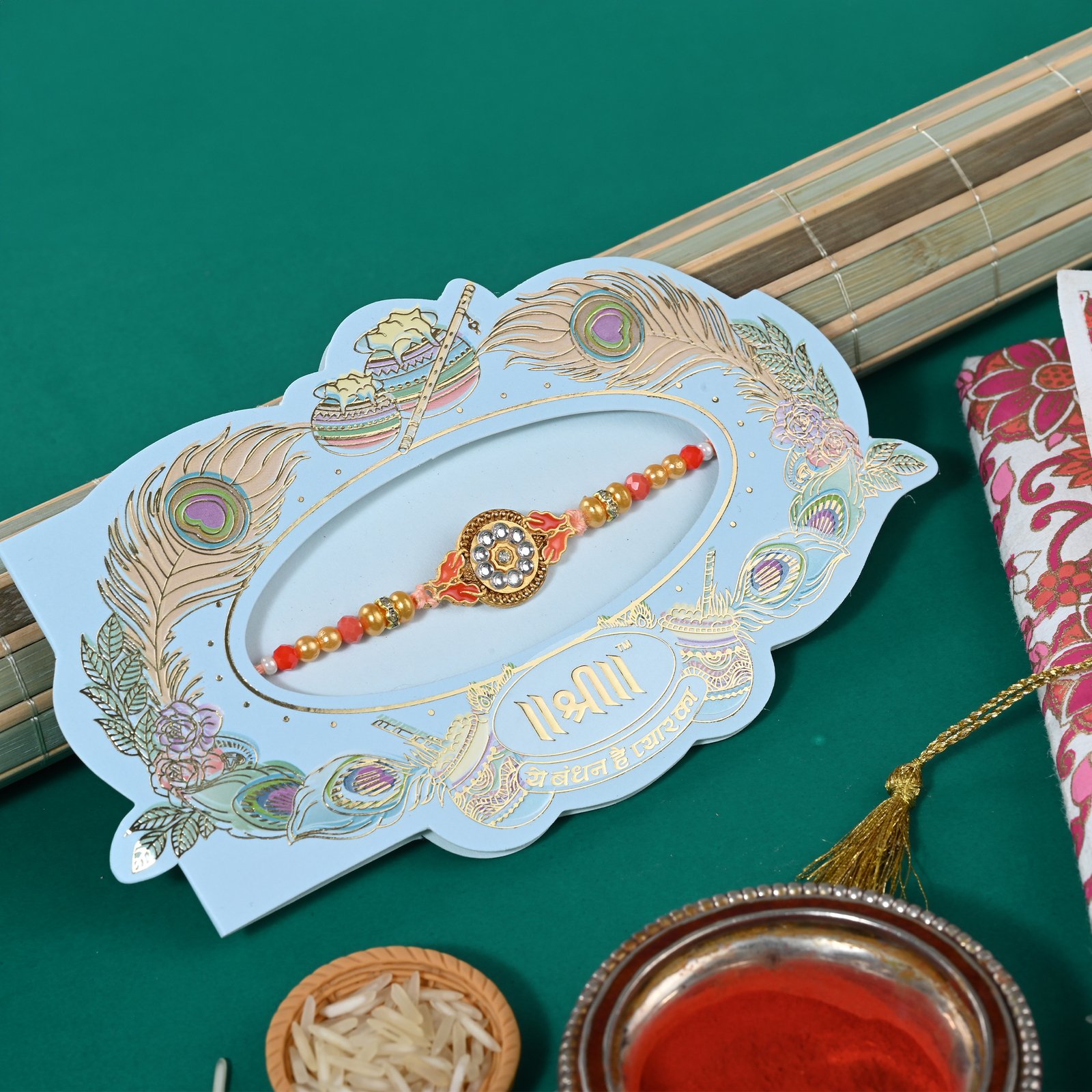 Kundan Meenakari Moti Pendent Rakhi