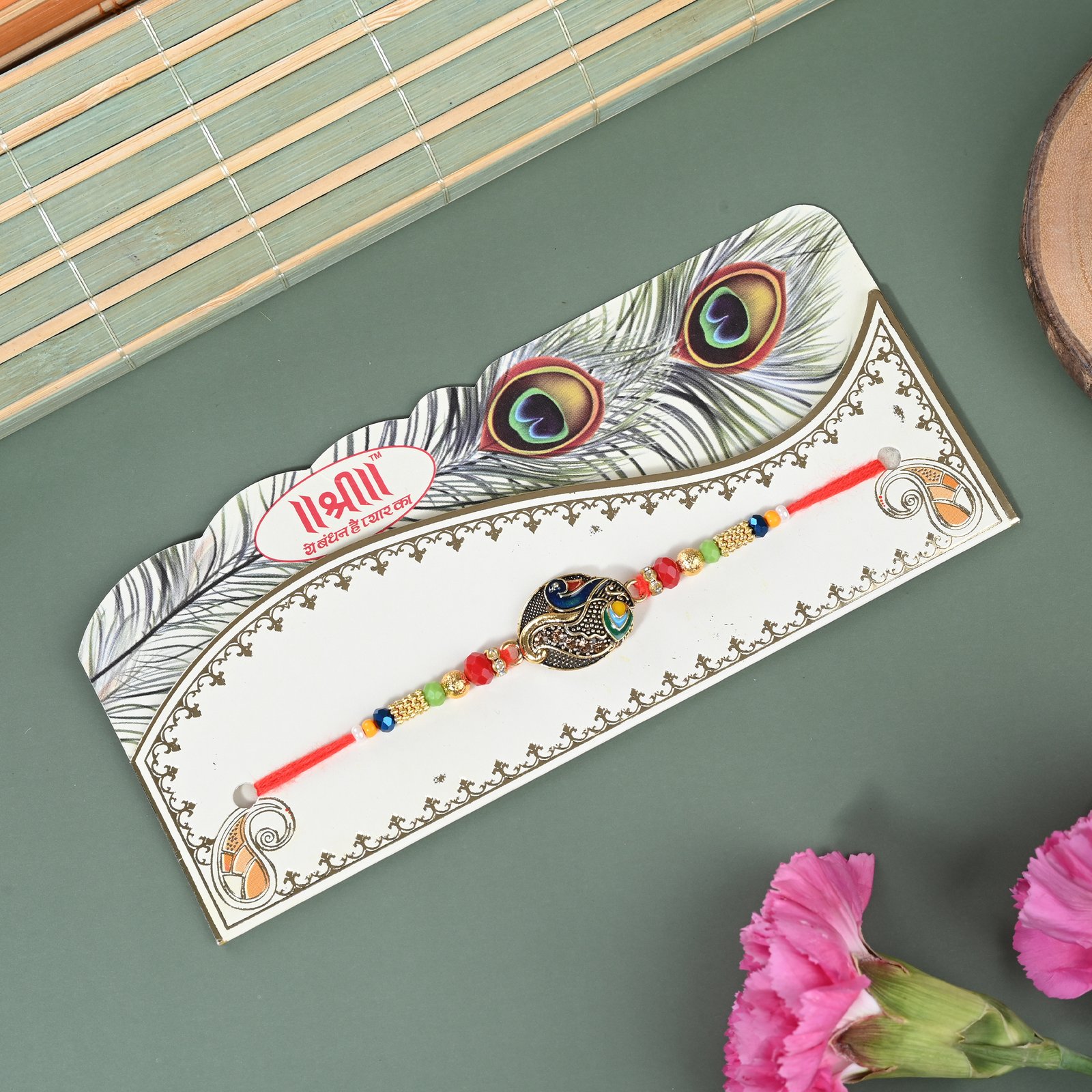 Peacock Meenakari Pendent Rakhi